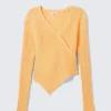 Knitted Wrap-Shaped Asymmetric V-Neck Sweater – Yellow