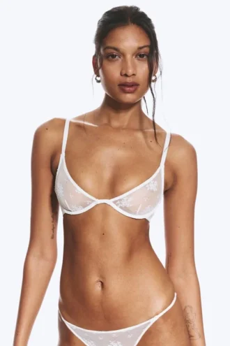Lace Plunge Wire Bra – White