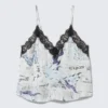 Lace-Trimmed Satin Camisole – White Newspaper – Blue Flame