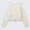 Lace-Trimmed V-Neck Sweater – White