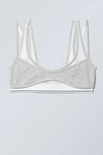 Layered Cotton Mesh Bra – Light Grey Melange & White