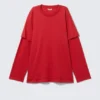 Layered Long-Sleeved Cotton T-Shirt – Bright Red