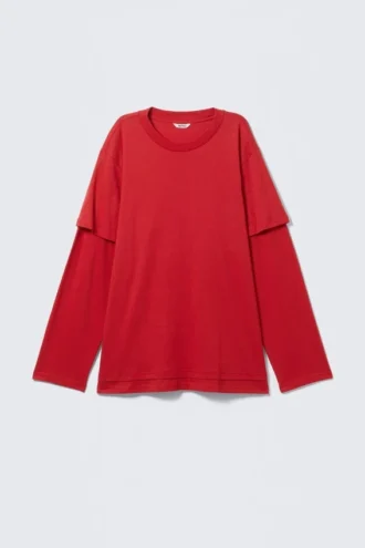 Layered Long-Sleeved Cotton T-Shirt – Bright Red