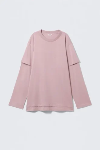 Layered Long-Sleeved Cotton T-Shirt – Light Dusty Pink