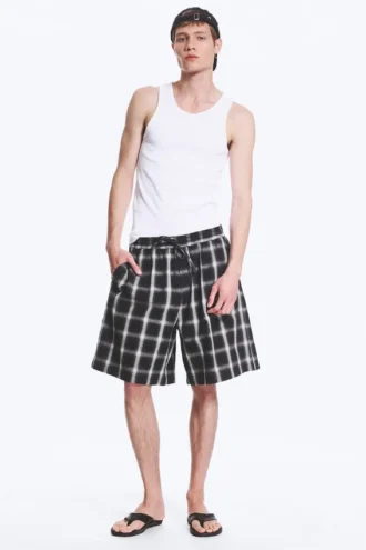 Linen-Blend Shorts – Checked Black