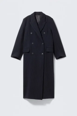 Logan Double-Breasted Wool-Blend Coat – Dark Blue – Pinstripe