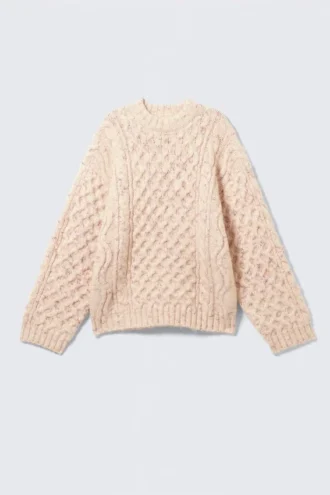 Long Cable Knit Textured Sweater – Beige – Pink Neps