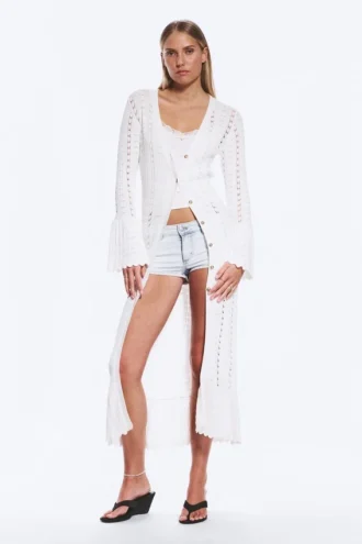 Long Frilled Knitted V-Neck Cardigan – White