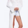 Long Frilled Knitted V-Neck Cardigan – White