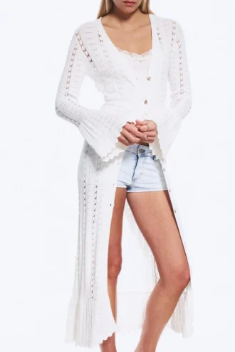 Long Frilled Knitted V-Neck Cardigan – White