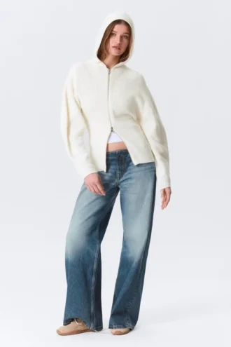 Long Knitted Zip Hoodie – White
