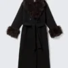 Long Oversized Coat with Faux-Fur Trims – Black – Brown Faux Fur