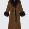 Long Oversized Coat with Faux-Fur Trims – Checked Brown – Brown Faux Fur