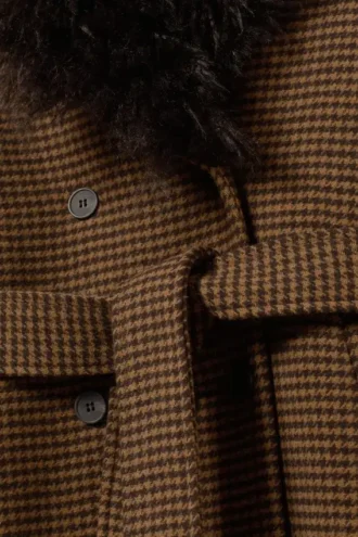 Long Oversized Coat with Faux-Fur Trims – Checked Brown – Brown Faux Fur