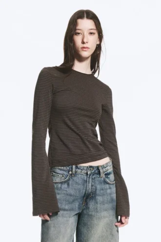 Long Sleeve Cotton Top – Dark Grey Stripe