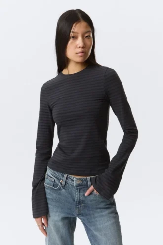 Long Sleeve Cotton Top – Striped Dark Blue