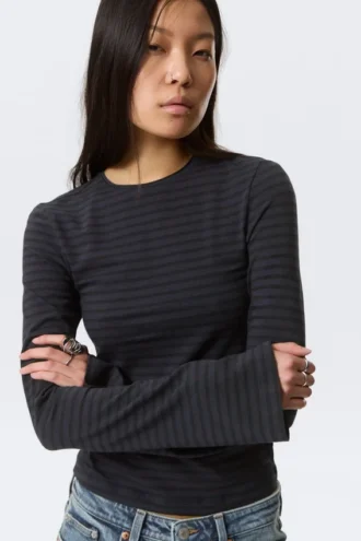 Long Sleeve Cotton Top – Striped Dark Blue