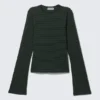 Long Sleeve Cotton Top – Striped Dark Green