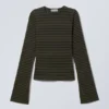 Long Sleeve Cotton Top – Striped Dark Khaki Green