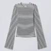 Long Sleeve Cotton Top – White – Black Stripes
