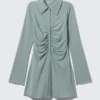 Long-Sleeve Slim Fit Gathered Dress – Dusty Blue