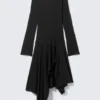 Long-Sleeved Asymmetric Midi Dress – Black