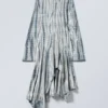 Long-Sleeved Asymmetric Midi Dress – Dark Green – Tie-Dye
