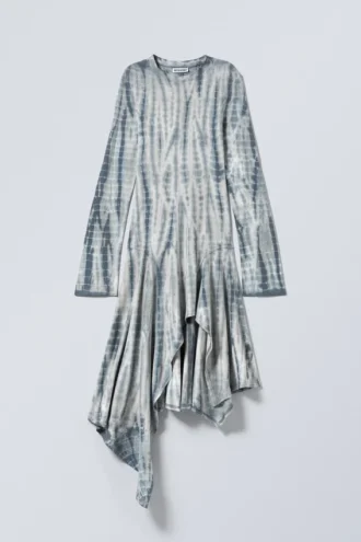 Long-Sleeved Asymmetric Midi Dress – Dark Green – Tie-Dye