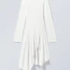 Long-Sleeved Asymmetric Midi Dress – White