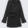 Long-Sleeved Asymmetric Mini Shirt Dress – Black