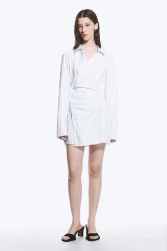 Long-Sleeved Asymmetric Mini Shirt Dress – Blue Stripe