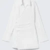 Long-Sleeved Asymmetric Mini Shirt Dress – White