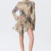 Long-Sleeved Asymmetric Satin Mini Dress – Beige – Snakeskin-Patterned