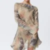 Long-Sleeved Asymmetric Satin Mini Dress – Beige – Snakeskin-Patterned