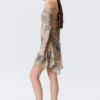 Long-Sleeved Asymmetric Satin Mini Dress – Beige – Snakeskin-Patterned