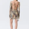 Long-Sleeved Asymmetric Satin Mini Dress – Beige – Snakeskin-Patterned