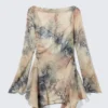 Long-Sleeved Asymmetric Satin Mini Dress – Beige – Snakeskin-Patterned