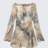 Long-Sleeved Asymmetric Satin Mini Dress – Beige – Snakeskin-Patterned