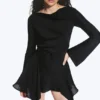 Long-Sleeved Asymmetric Satin Mini Dress – Black
