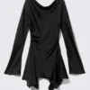 Long-Sleeved Asymmetric Satin Mini Dress – Black