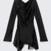 Long-Sleeved Asymmetric Satin Mini Dress – Black