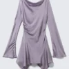 Long-Sleeved Asymmetric Satin Mini Dress – Lilac