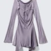 Long-Sleeved Asymmetric Satin Mini Dress – Lilac
