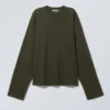 Long-Sleeved Boxy Cotton T-Shirt – Dark Khaki Green