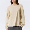 Long-Sleeved Boxy Cotton T-Shirt – Light Beige