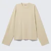 Long-Sleeved Boxy Cotton T-Shirt – Light Beige