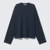 Long-Sleeved Boxy Cotton T-Shirt – Navy Blue