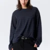 Long-Sleeved Boxy Cotton T-Shirt – Striped Dark Blue