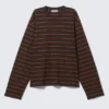 Long-Sleeved Boxy Cotton T-Shirt – Striped Dark Brown