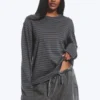 Long-Sleeved Boxy Cotton T-Shirt – Striped Dark Grey